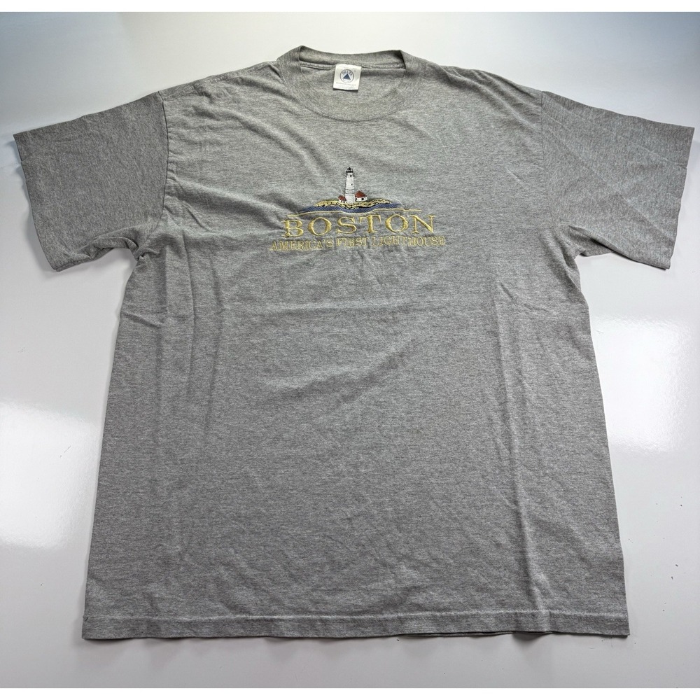 Boston Lighthouse Embroidered T shirt Grey Large Delta USA coastal Tee